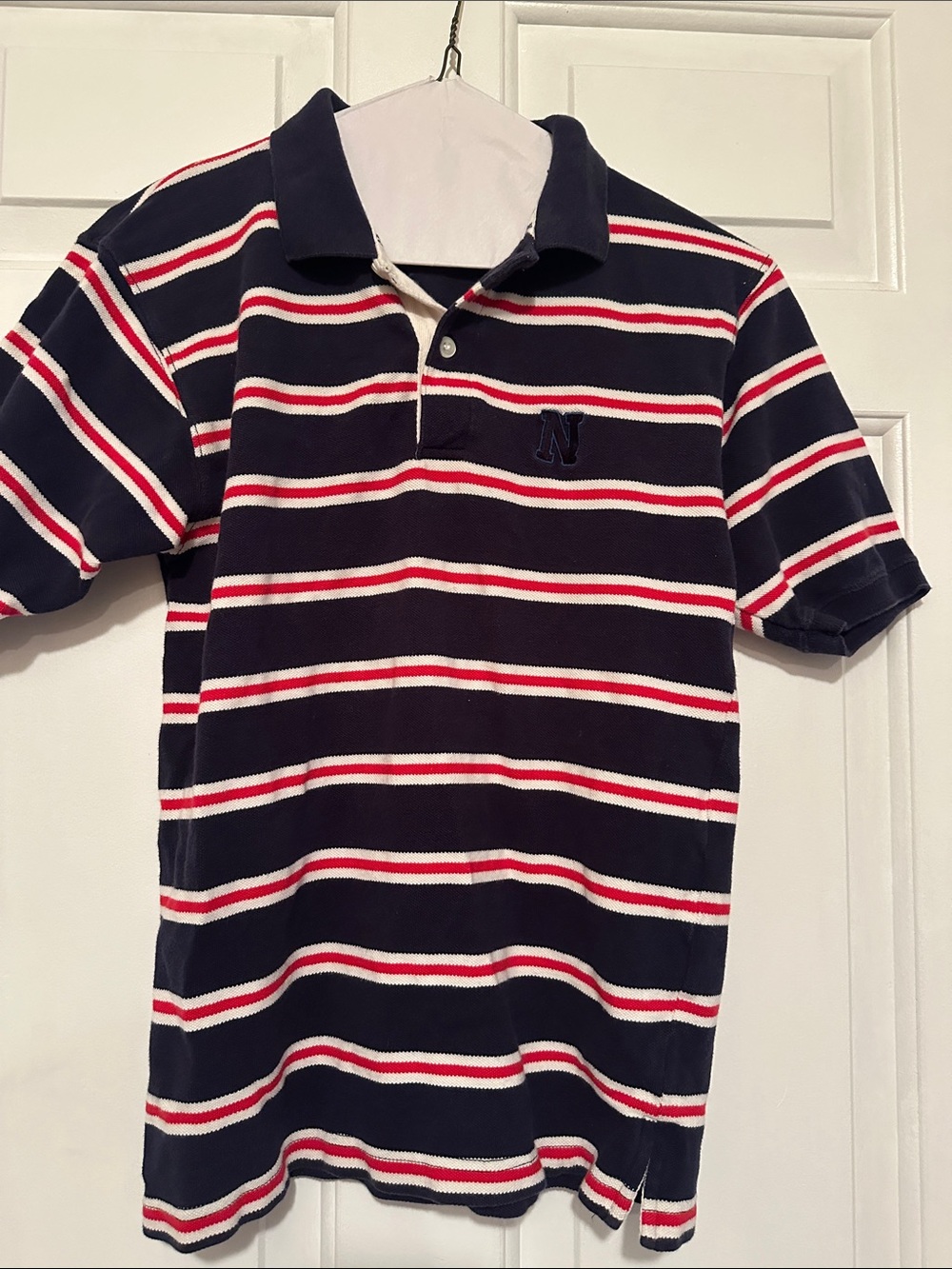 Boys 12 14 NAUTICA Navy Stripe Kids Polo Shirt - Navy, Red & White EUC classic